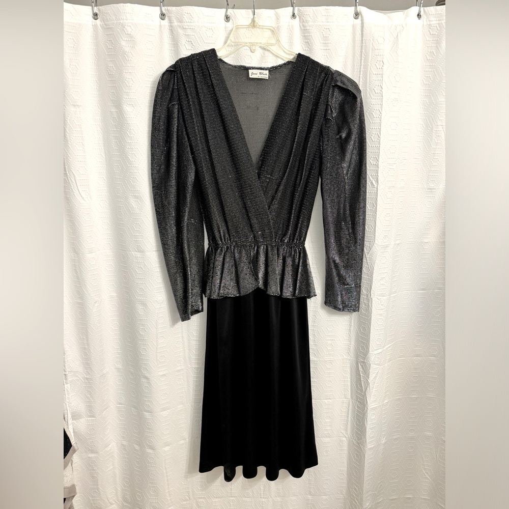 Vintage Joni Blair Deep V Long Sleeve Dress w/ Silver top